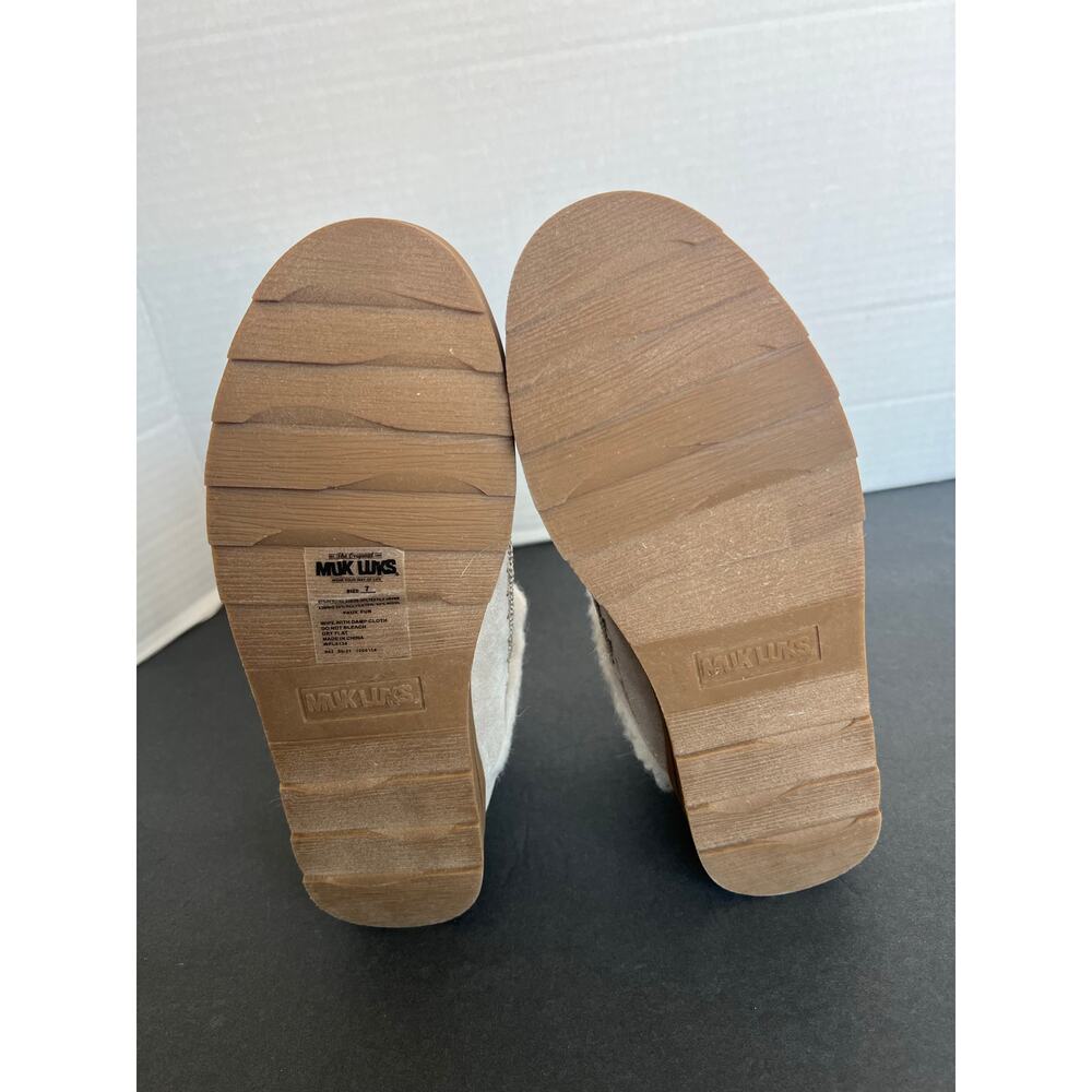 Muk Luks Ziggy Slippers Women 7 Beige Excellent Suede Faux Fur Lined - Picture 9 of 11